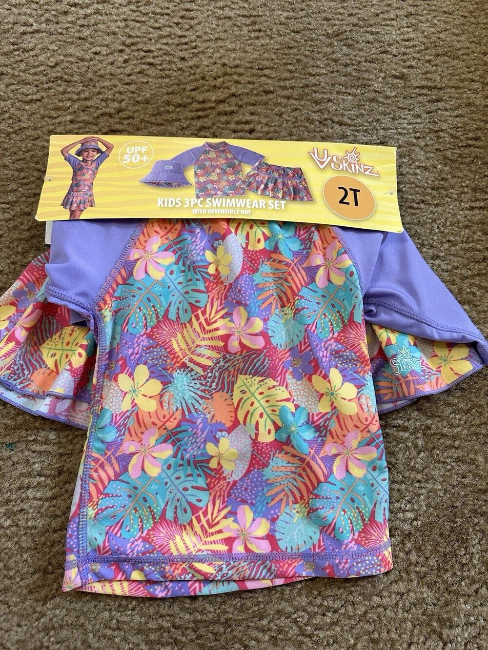 New UV Skinz Kids 3 Pc Swimwear Set Hat Rashguard Top and Swim Skirt Size 2T